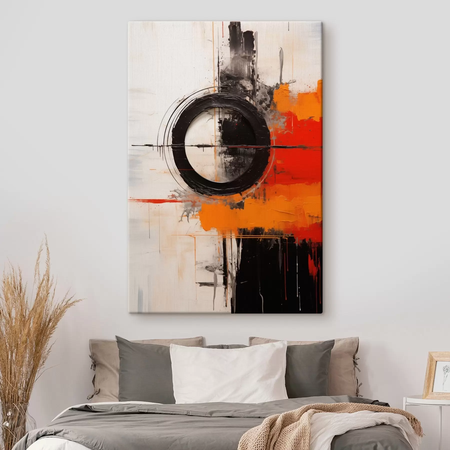 fotótapéta Fekete kör fehér alapon, narancssárga vonások és fröccsenések s46549