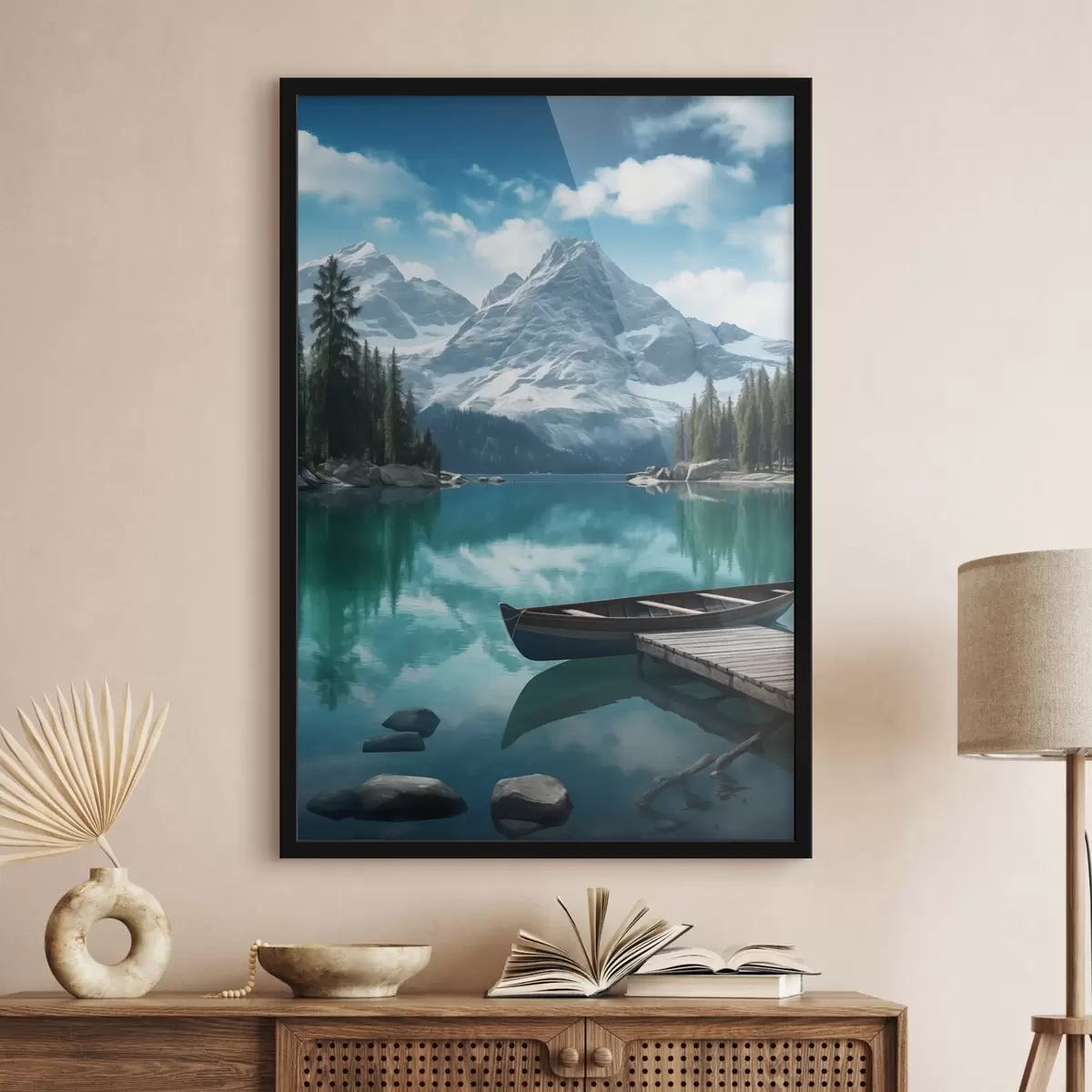 Plakát a sziklán Alpesi tó kenuval és havas csúcsokkal f46481