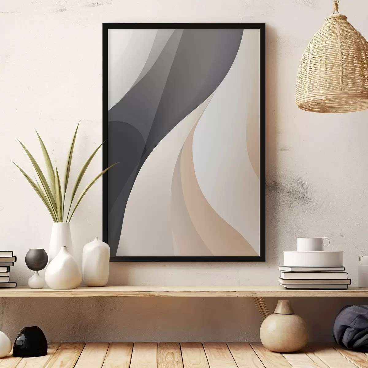 Plakát a sziklán Elegáns, egymást átfedő ívek szénfekete, elefántcsont és homok színben f46493