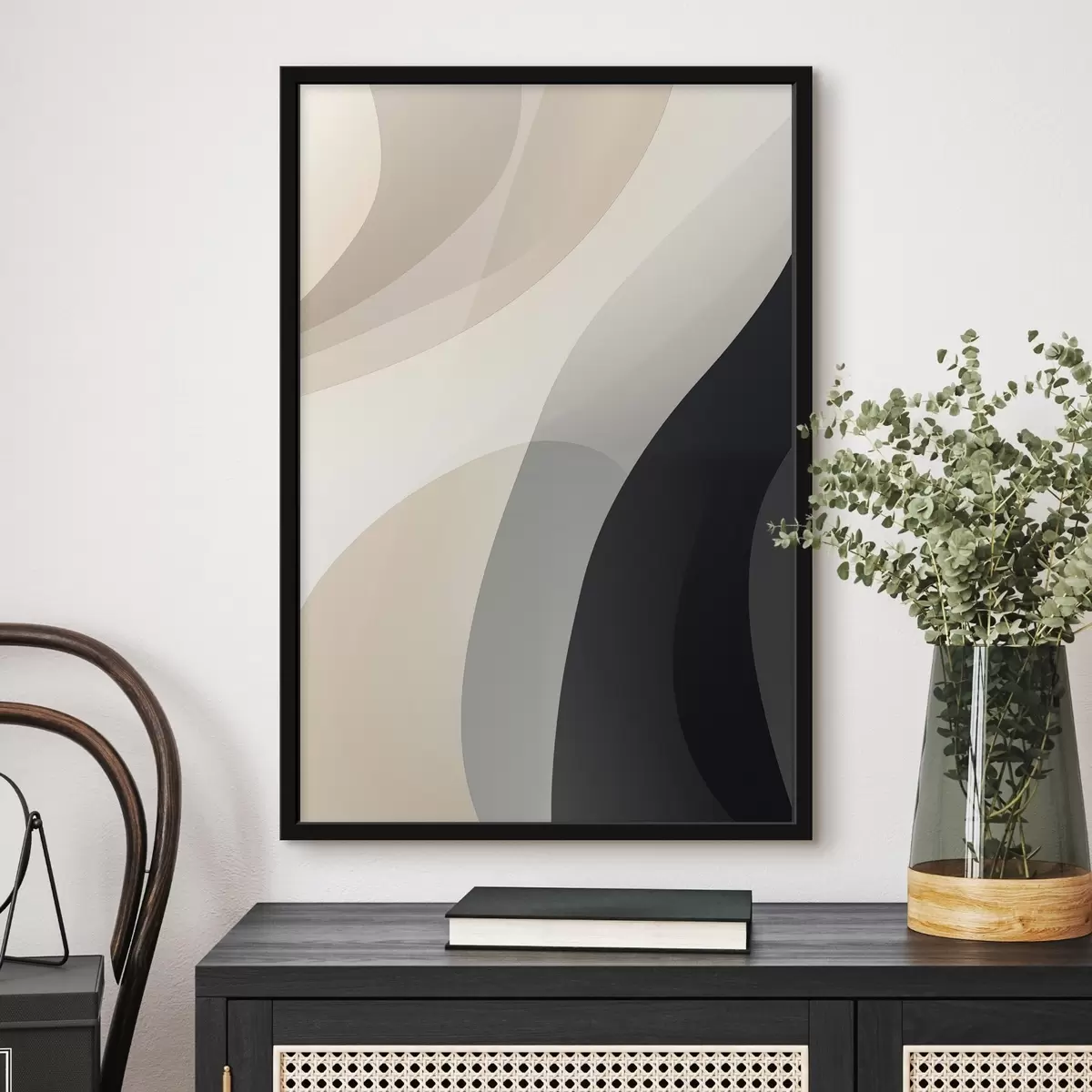 Plakát a sziklán Organikus hullámformák meleg bézs és szénfekete színben f46494