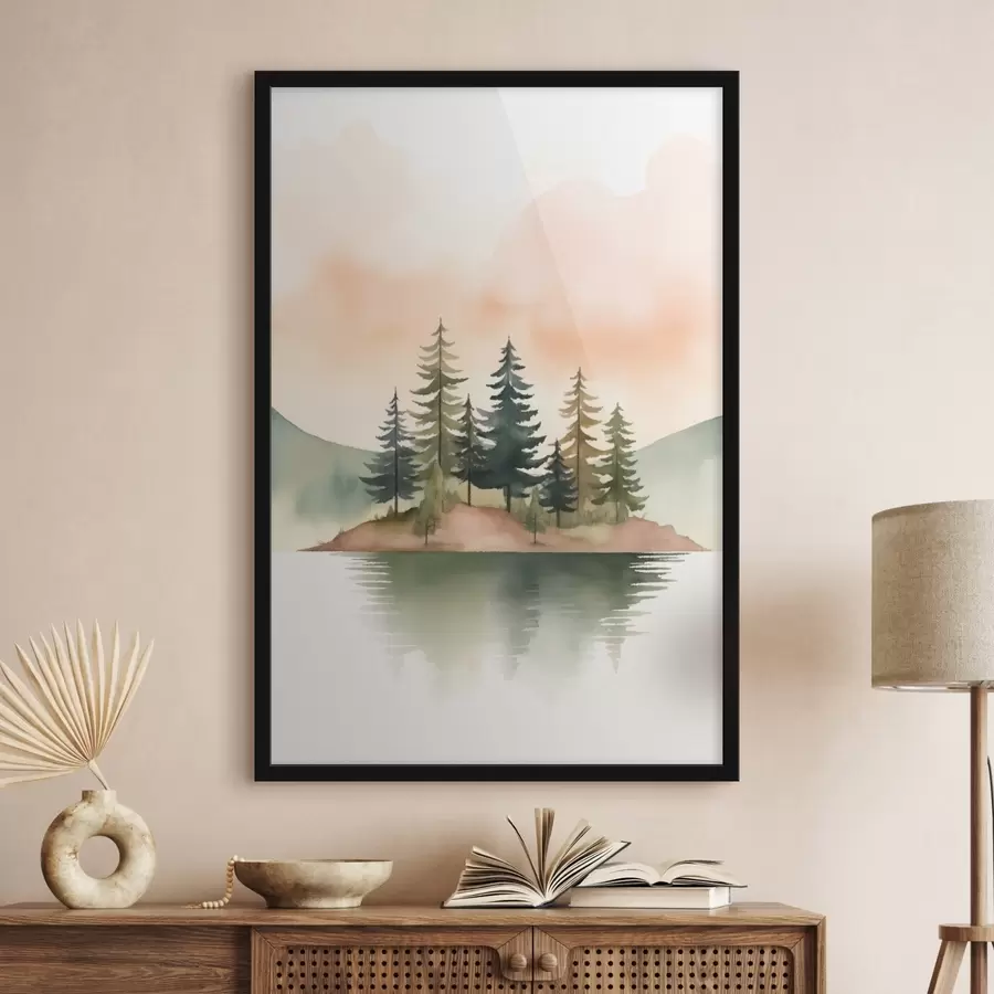 fotószőnyeg Akvarell fenyők ködös szigeten, lágy barack színű égbolton f46505