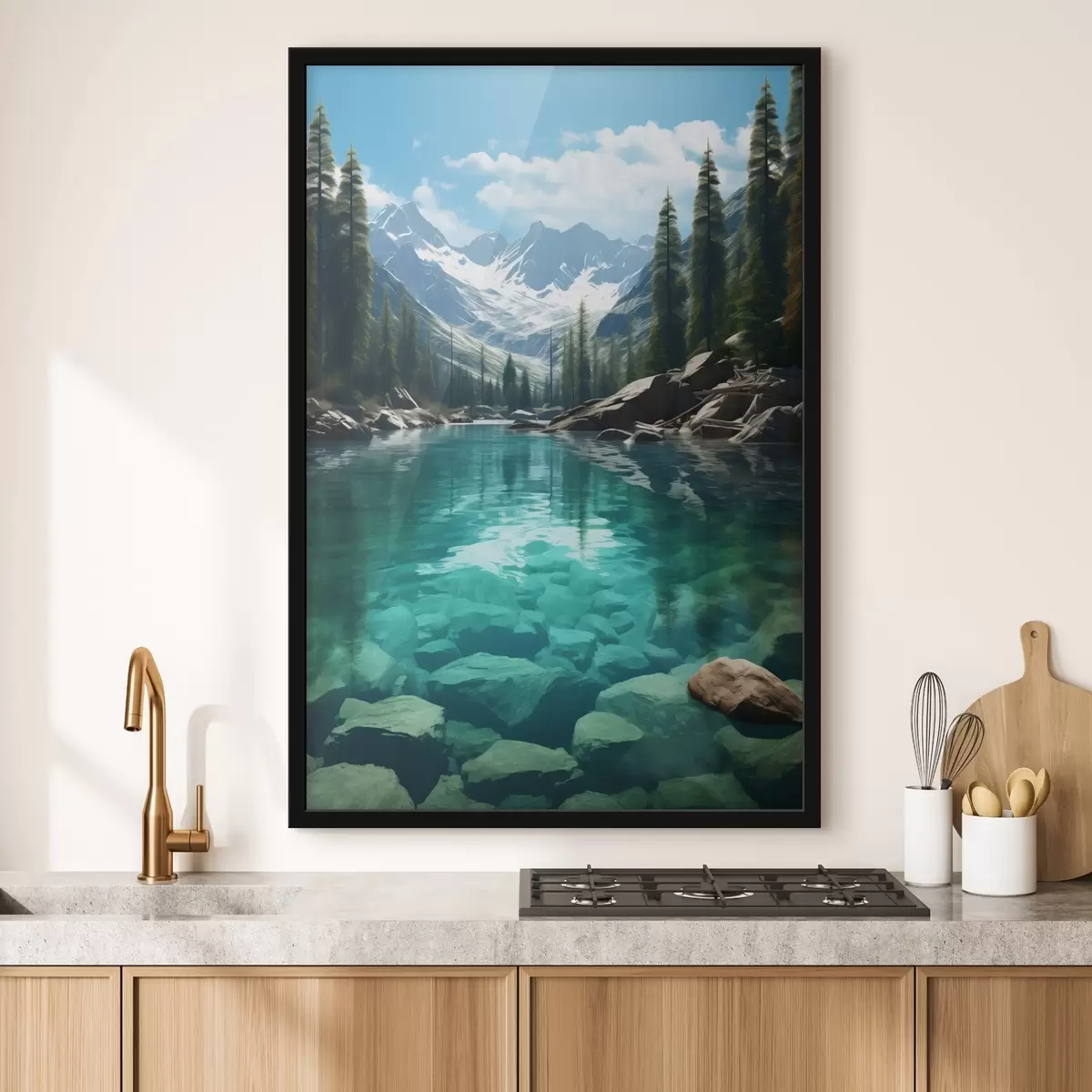 Plakát a sziklán Tiszta alpesi folyó sziklás mederrel és havas csúcsokkal f46514