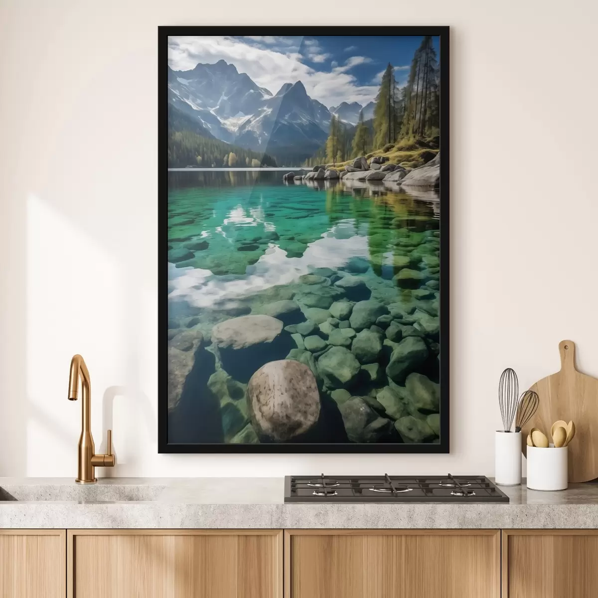 Plakát a sziklán Smaragdszínű alpesi tó, alatta sziklákkal és magas csúcsokkal f46515