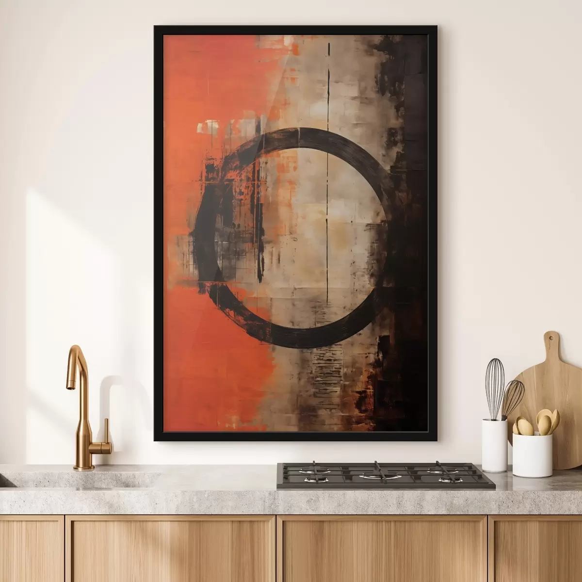 Plakát a sziklán Absztrakt, nagy fekete körrel és meleg textúrákkal f46528