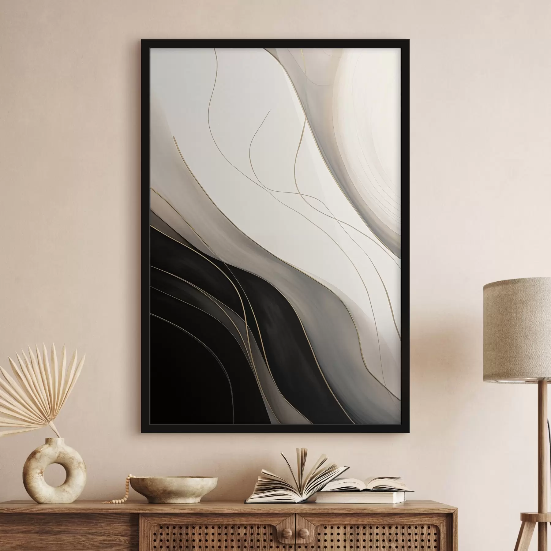 fotószőnyeg Fekete és bézs hullámok finom okker vonalakkal f46541