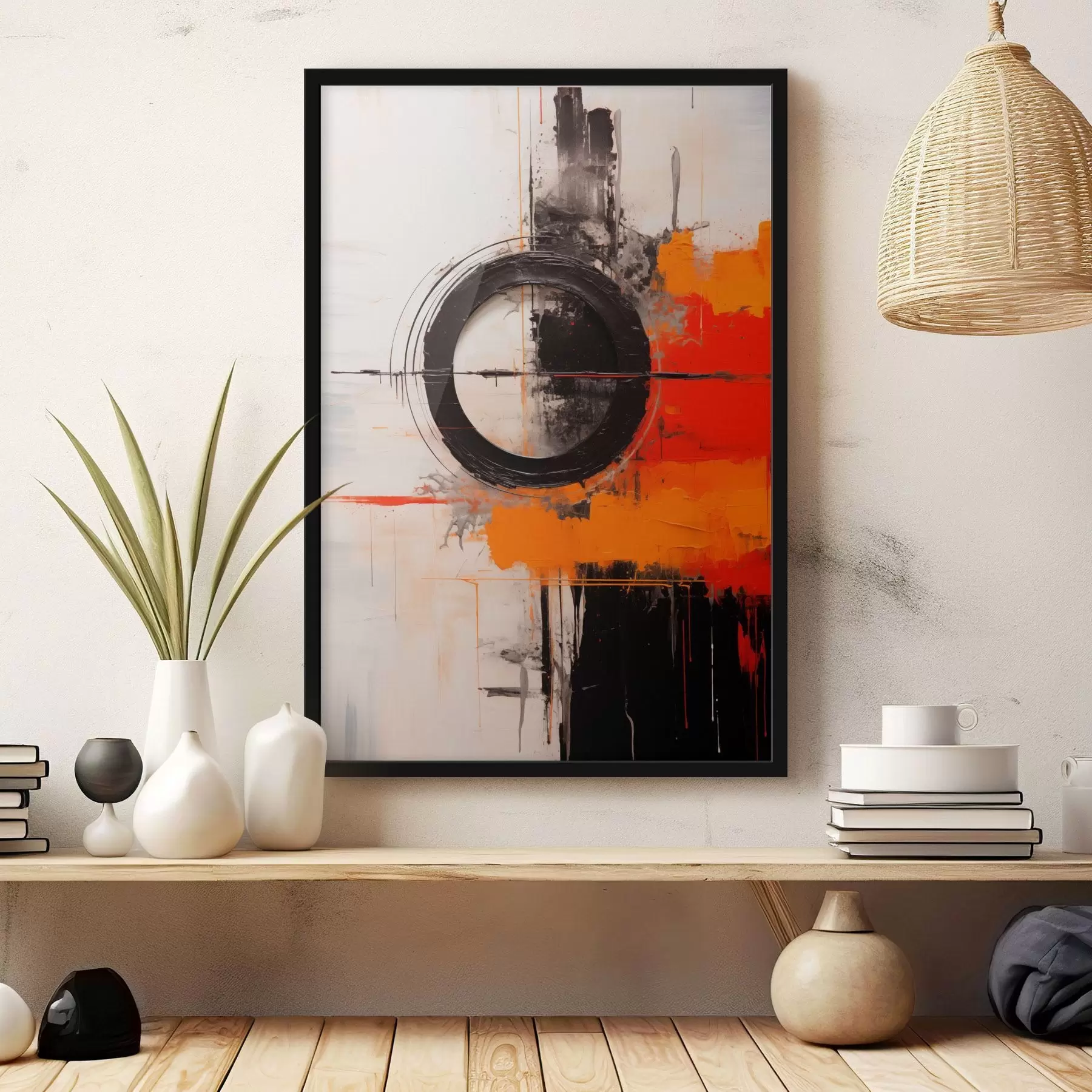 fotószőnyeg Fekete kör fehér alapon, narancssárga vonások és fröccsenések f46549