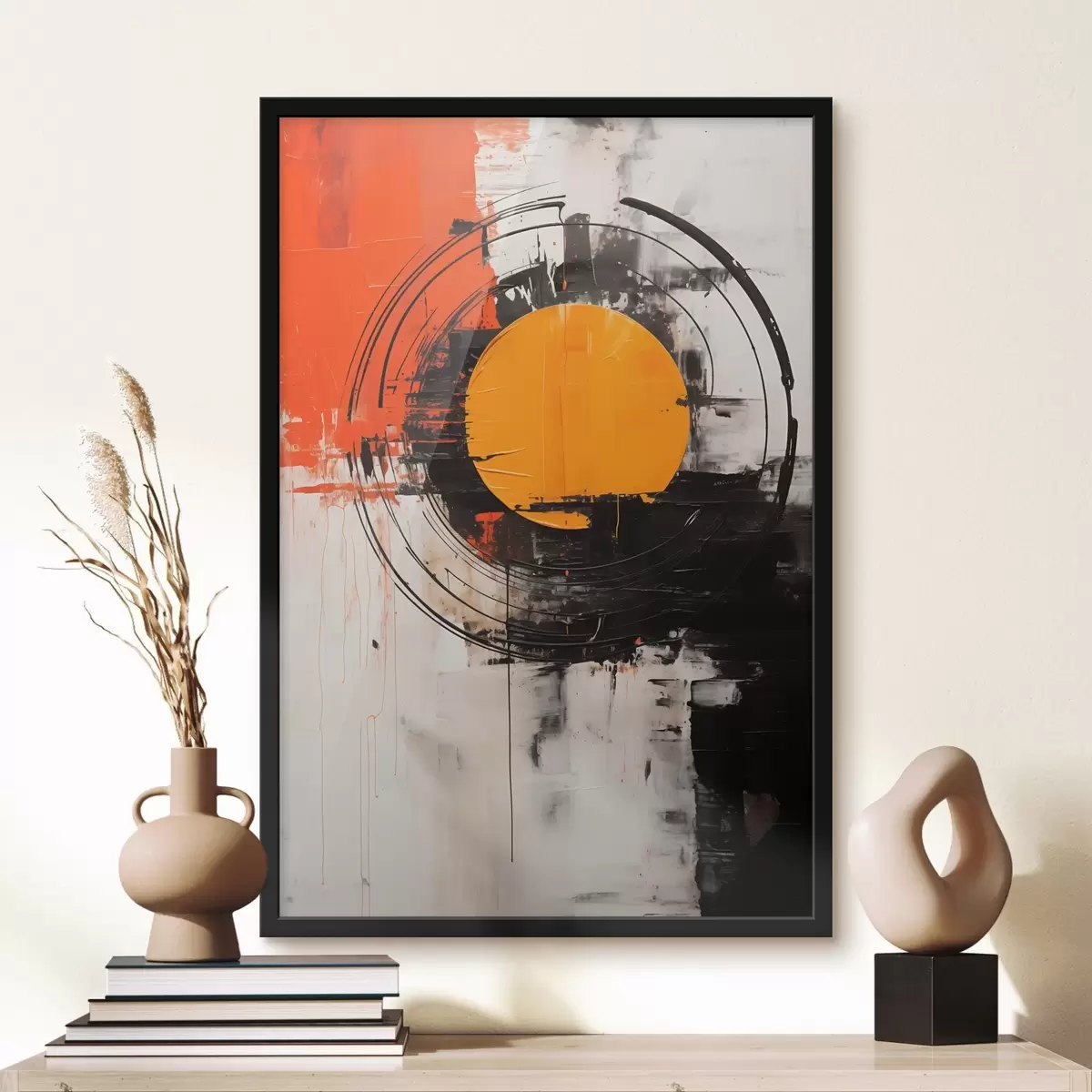 Plakát a sziklán Narancssárga korong fekete gyűrűben, ecsetvonások és fröccsenések f46550