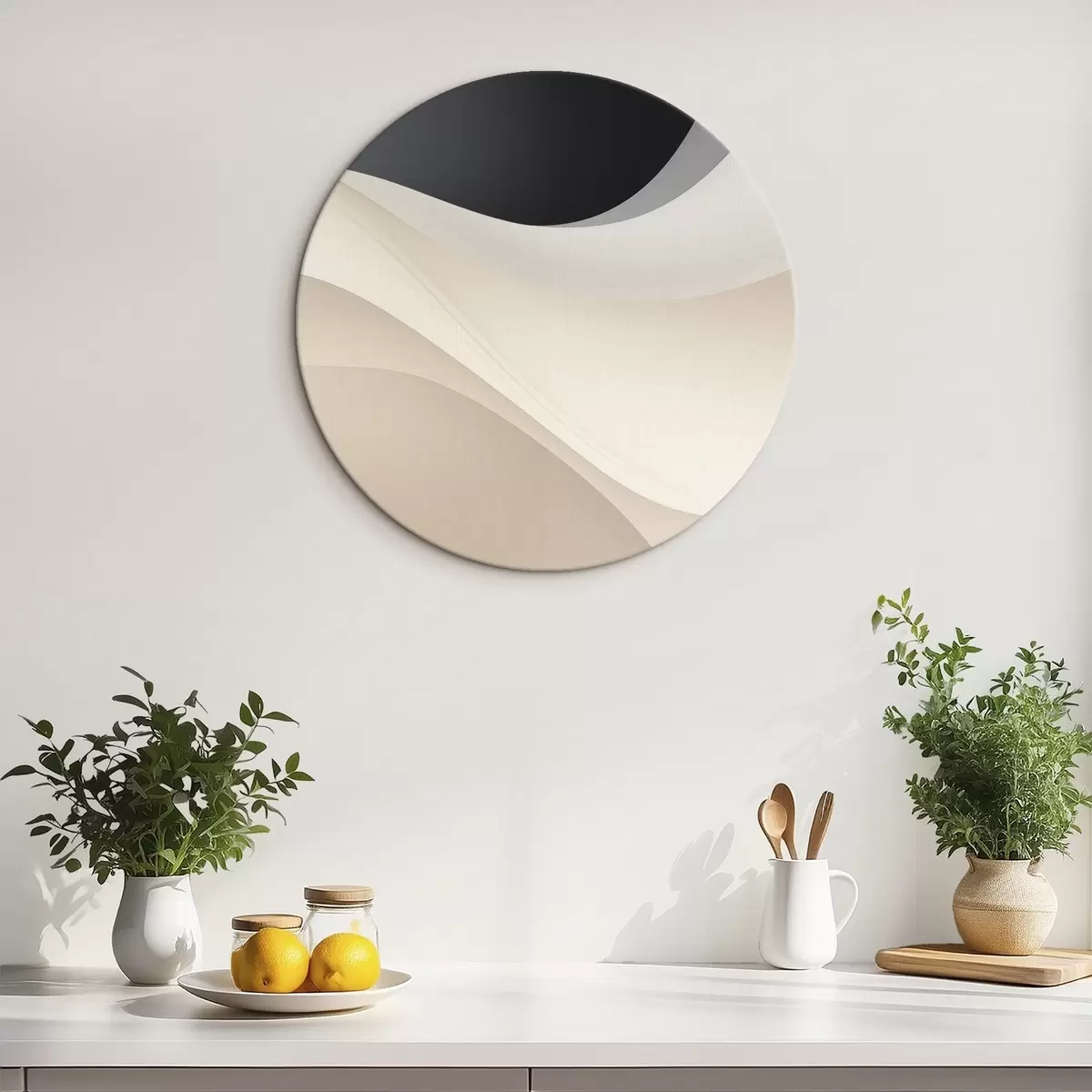 Kerek festmények Réteges, áramló görbék fekete, krém és szürkésbarna színben r46492