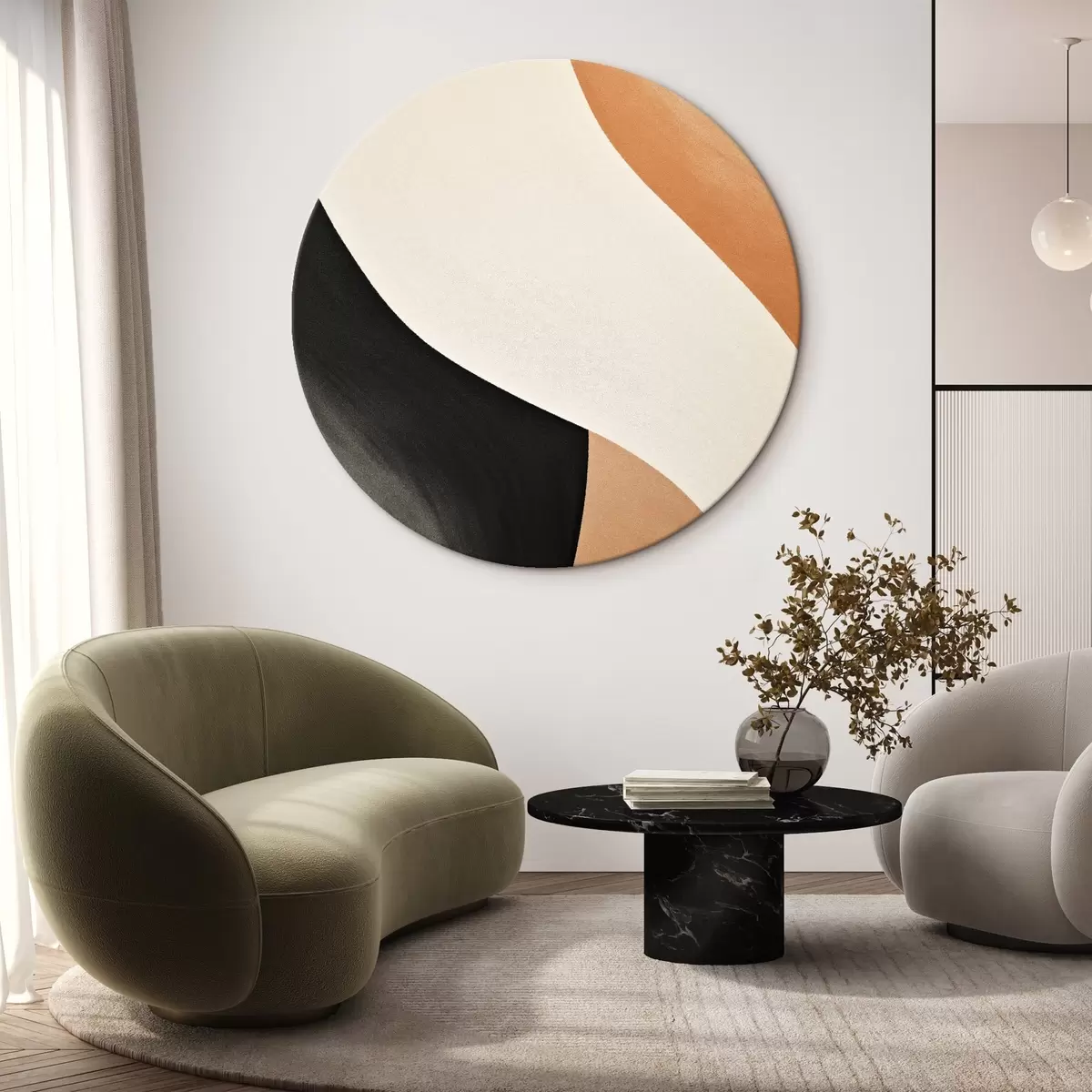 Kerek festmények Merész S-görbe krém, fekete és terrakotta akcentussal r46495