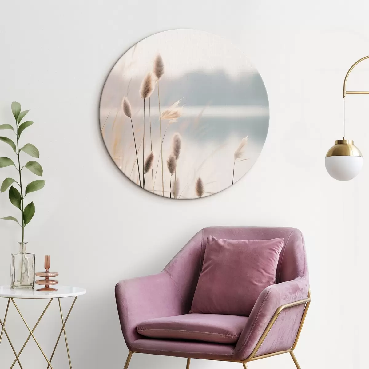 Kerek festmények Puha nádas a ködös tóparton, pasztell bézs árnyalatok r46504