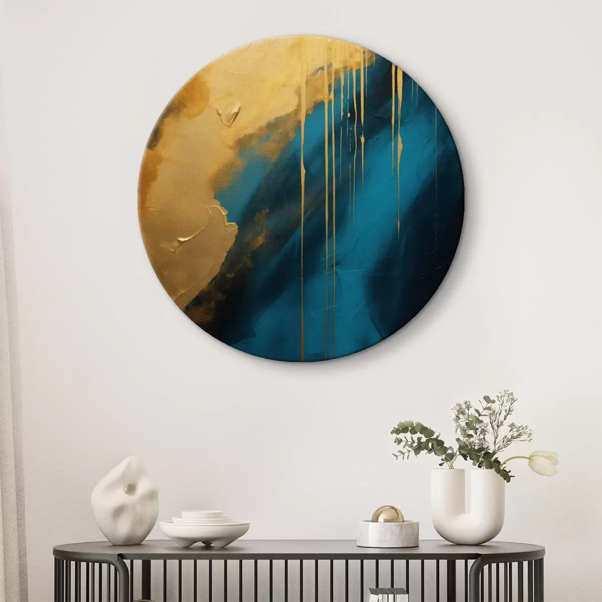 Kerek festmények Zöldeskék és mélykék absztrakt, áramló meleg fénycsóvával r46509