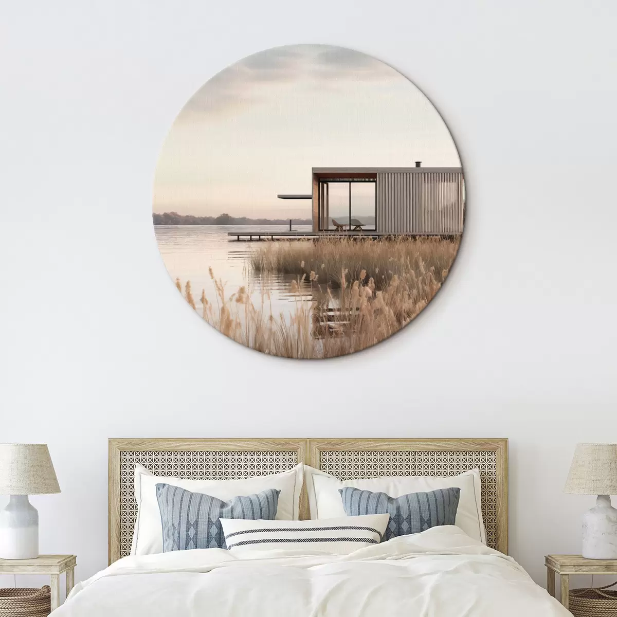 Kerek festmények Modern tóparti faház a nádas között, lágy alkonyatkor r46513