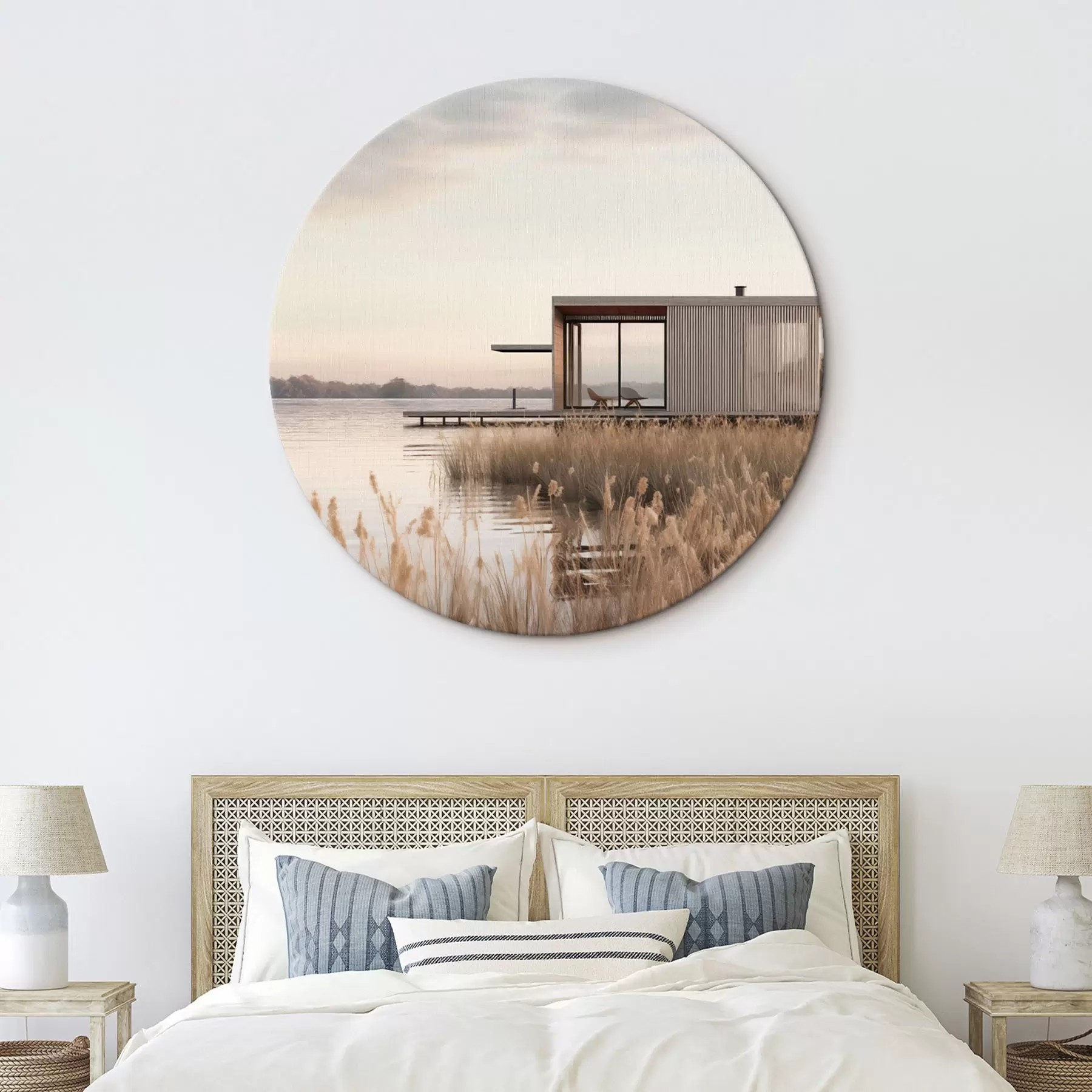 fotótapéta Modern tóparti faház a nádas között, lágy alkonyatkor r46513