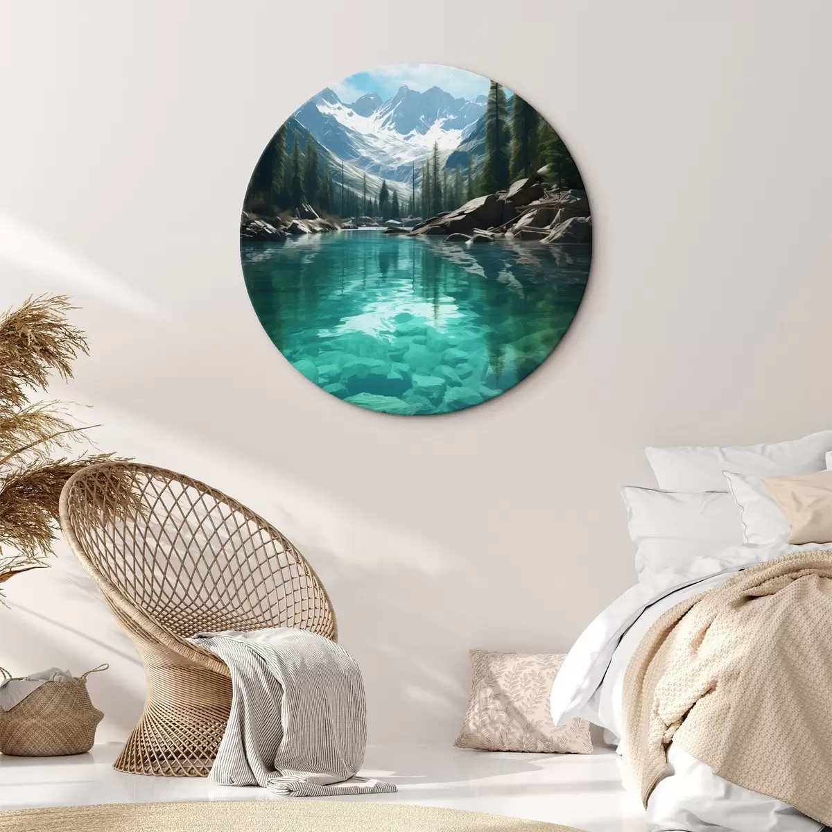 Kerek festmények Tiszta alpesi folyó sziklás mederrel és havas csúcsokkal r46514