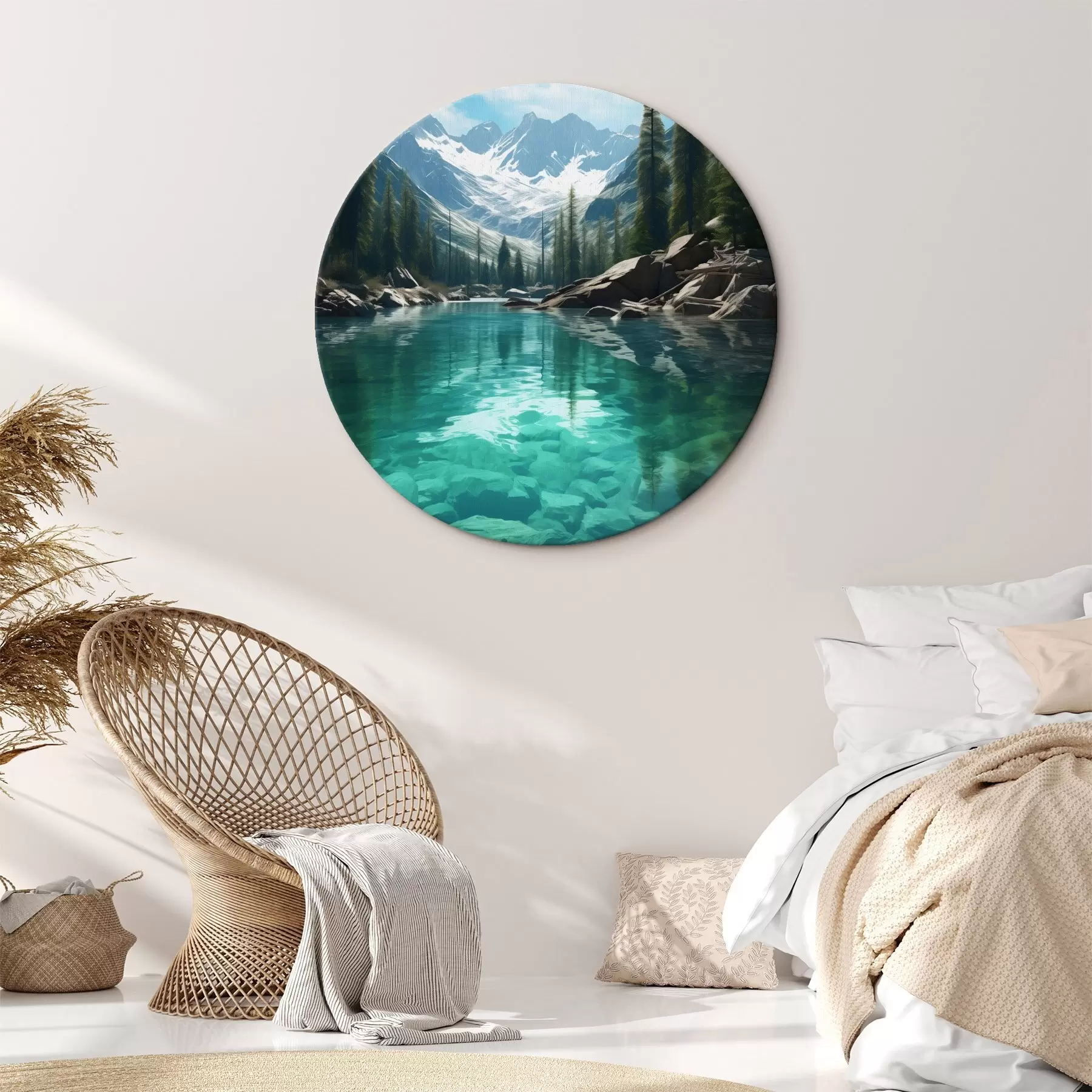 fotótapéta Tiszta alpesi folyó sziklás mederrel és havas csúcsokkal r46514