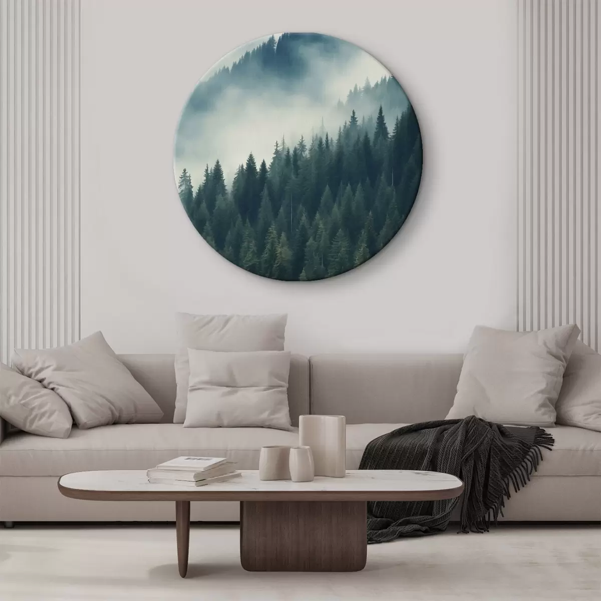 Kerek festmények Köd a tűlevelű lejtők felett, mélyzöld árnyalatok r46516