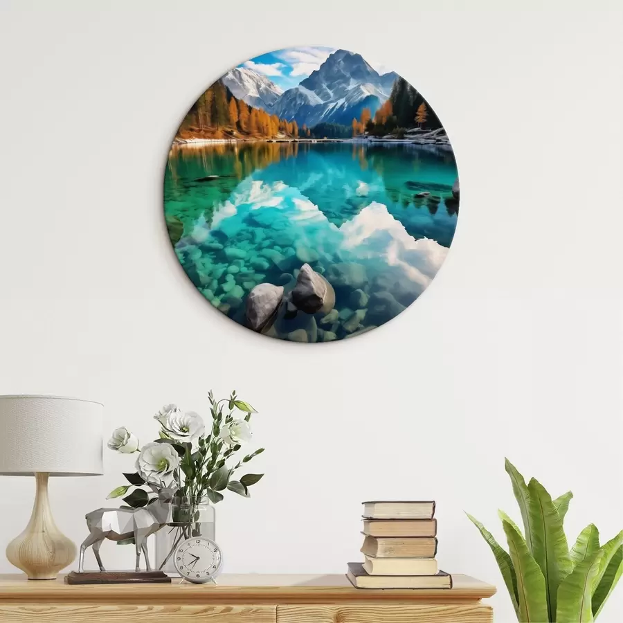 fotótapéta Törpefenyőkkel szegélyezett, türkizkék vizű hegyi tó r46517