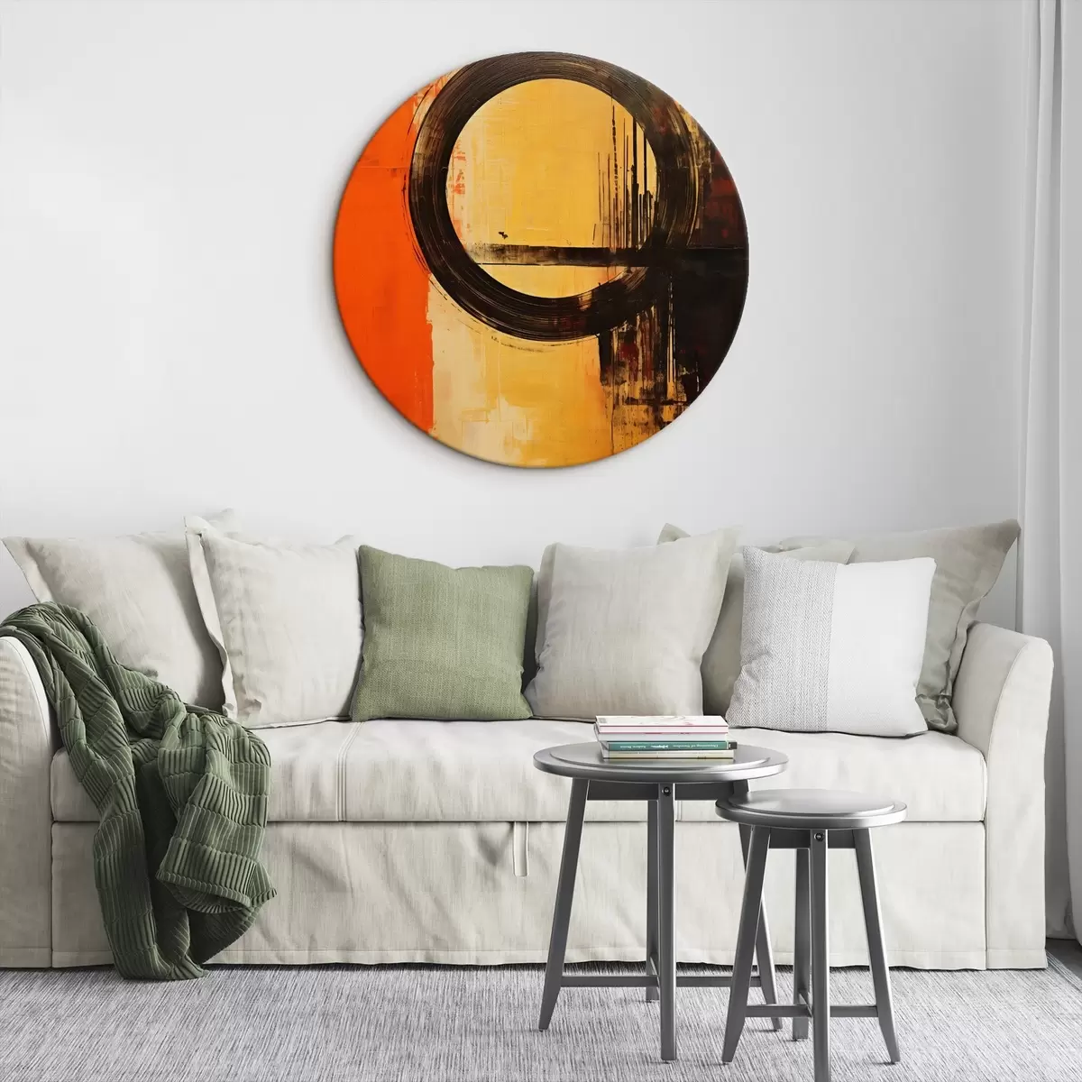 Kerek festmények Absztrakt, fekete gyűrűvel terrakotta-homok háttérrel r46529