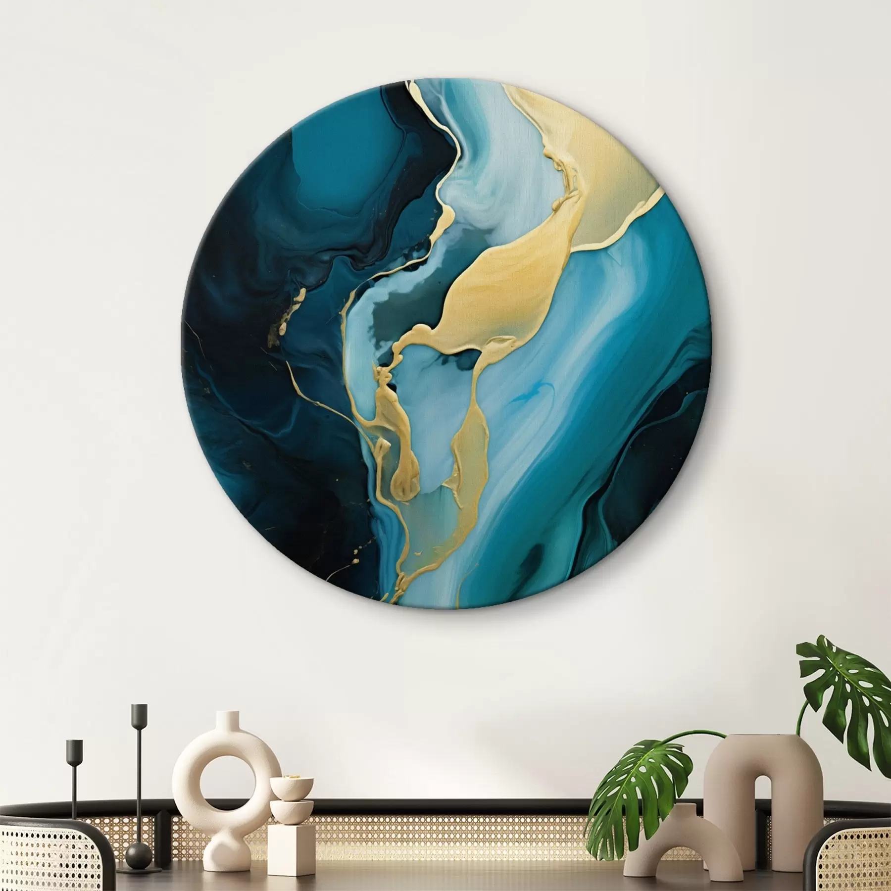 fotótapéta Kékes-zöld absztrakt, okker színű csíkkal r46530