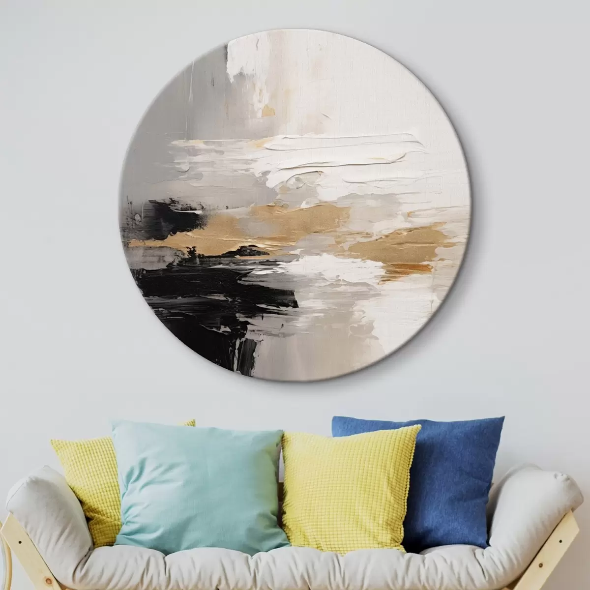 Kerek festmények Nude tónusú ecsetvonások kontrasztos fekete és okker réteggel r46544