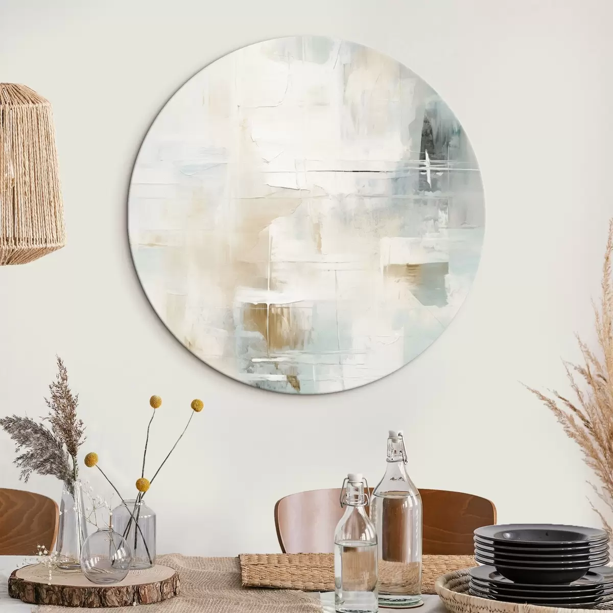 Kerek festmények Légies kék és bézs ecsetvonások fehér alapon r46547