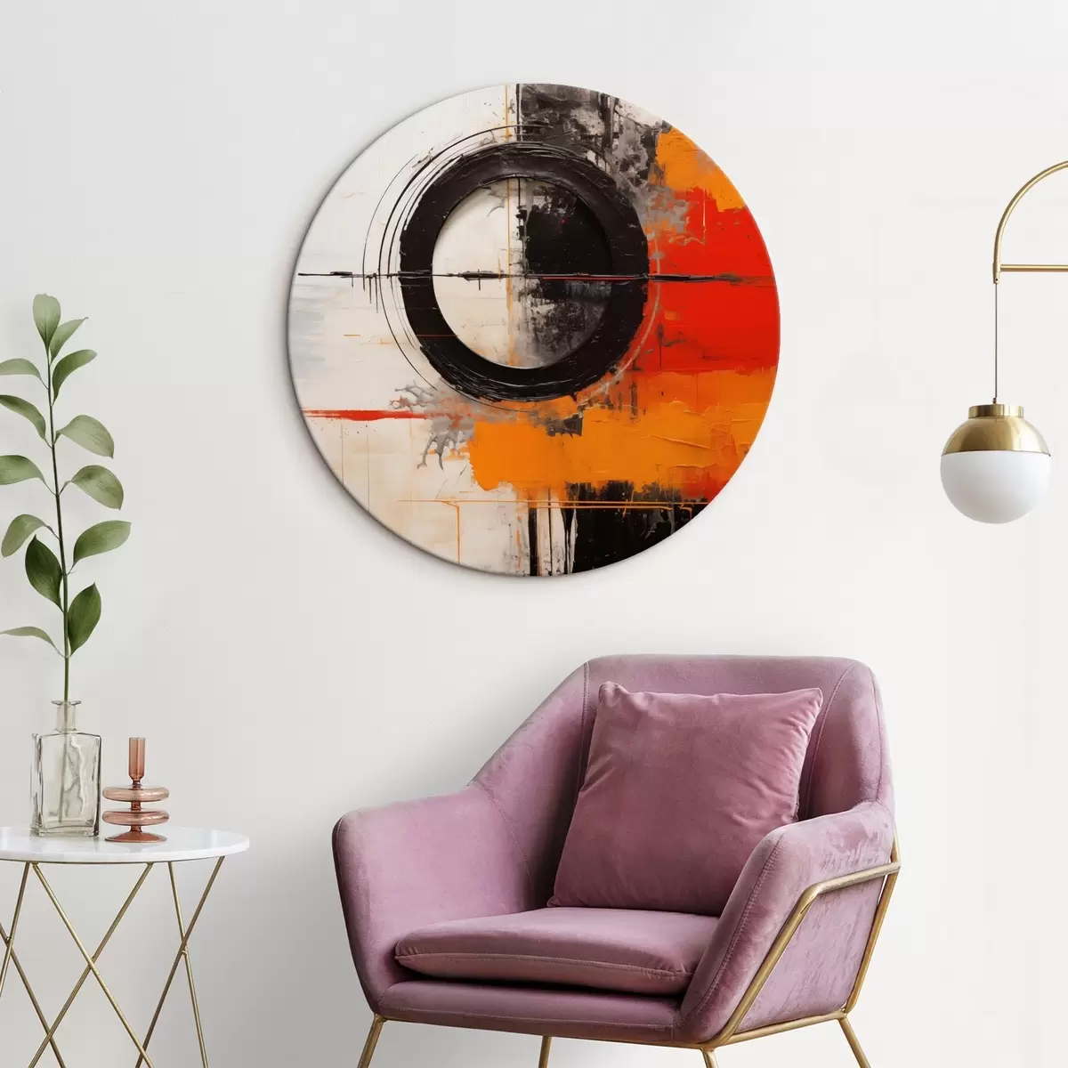 Kerek festmények Fekete kör fehér alapon, narancssárga vonások és fröccsenések r46549