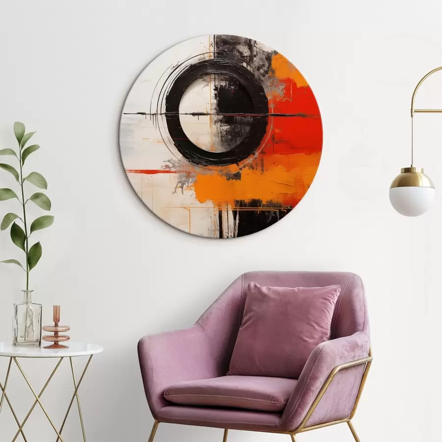 fotótapéta Fekete kör fehér alapon, narancssárga vonások és fröccsenések r46549
