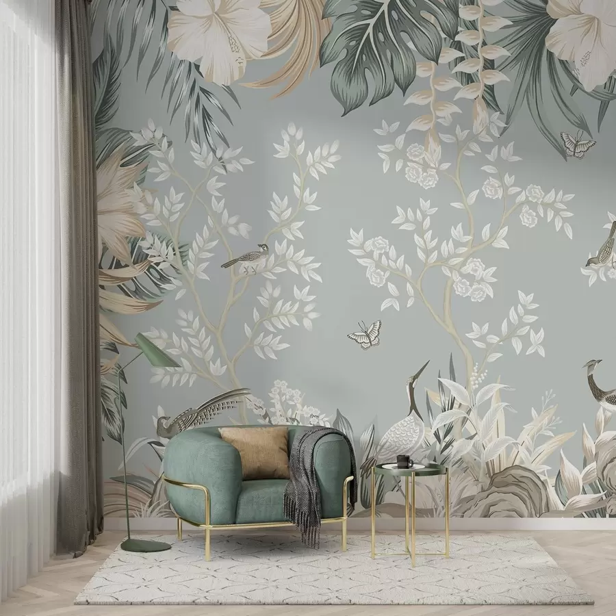 fotószőnyeg Trópusi textúrájú pasztellművészet madarakkal, pillangókkal, hibiszkuszvirágokkal, pálmalevelekkel és fákkal világoskék háttér előtt w09528