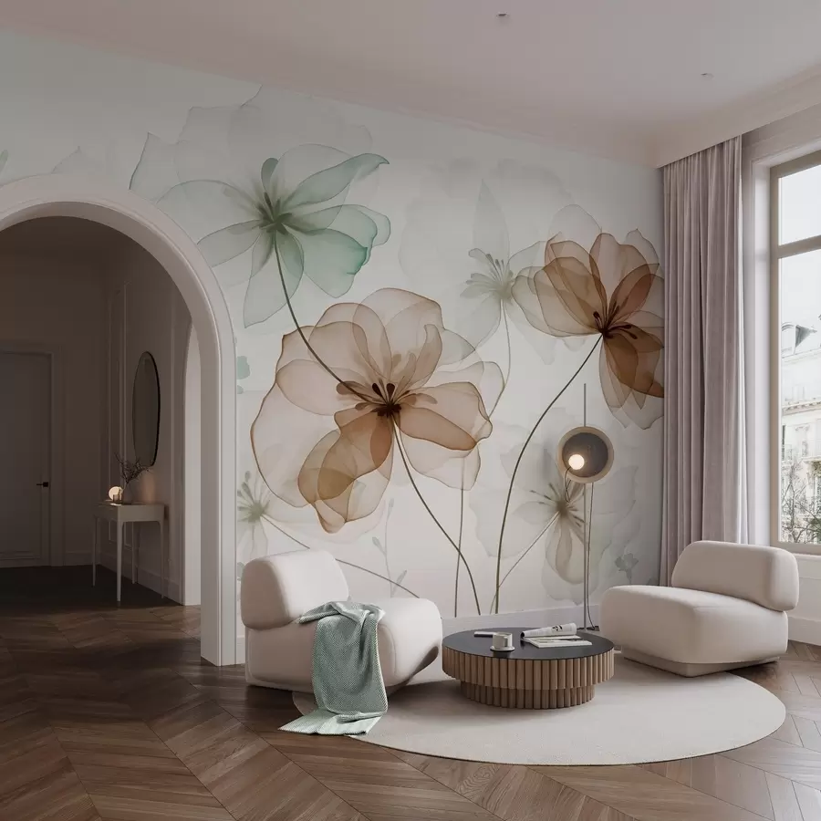 fotószőnyeg Átlátszó virágok barna és zöld szirmokkal, hosszú szárakkal, világos háttérrel, lágy színekkel, texturált virágmintával w09529