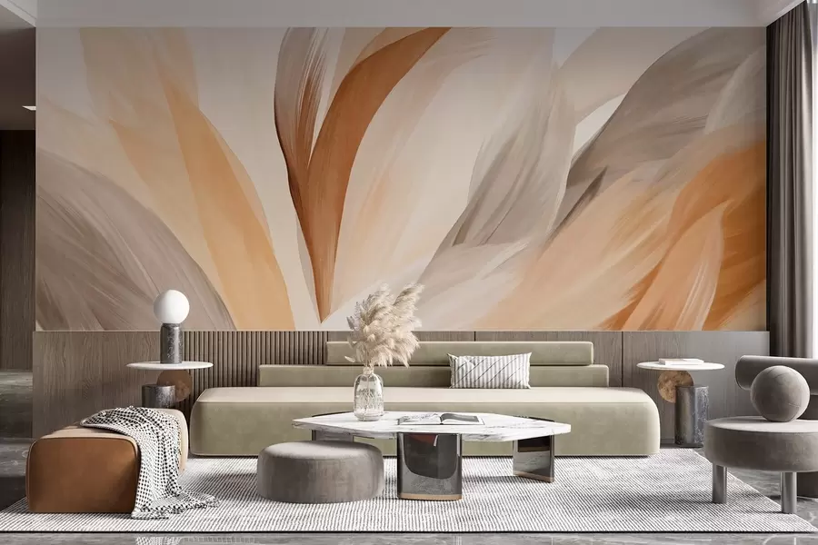 fotószőnyeg Absztrakt textúrájú tollak barna, fehér és szürke színben, valamint különböző árnyalatokban, fehér háttérrel átfedve egymást w09531