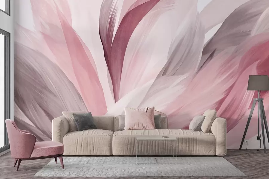 fotószőnyeg Absztrakt textúrájú tollak rózsaszín, fehér és szürke színben, valamint különböző árnyalatokban, fehér háttérrel átfedve egymást w09531v2