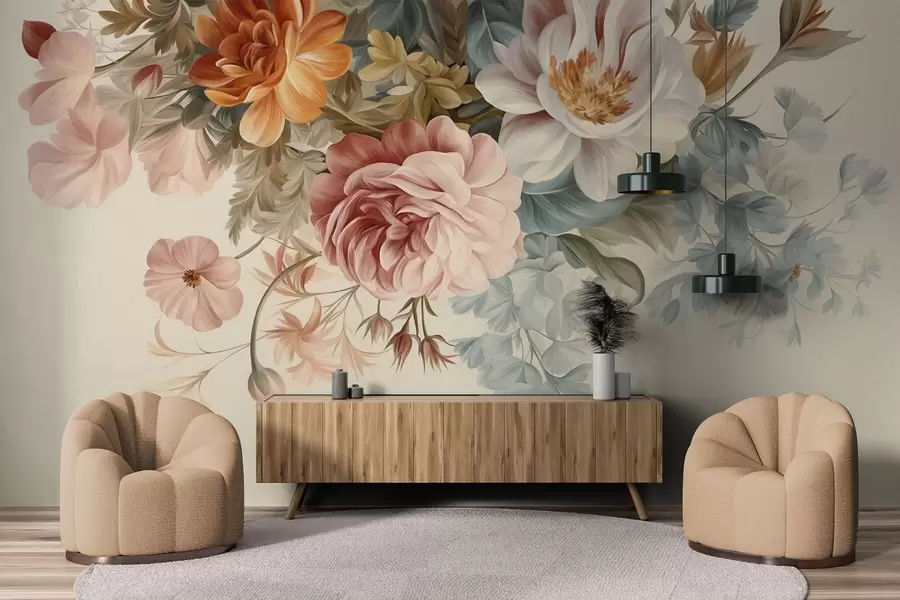 fotószőnyeg Vintage virágkompozíció rózsákkal, pünkösdi rózsákkal és más texturált virágokkal, levelekkel, világos háttér előtt w09532