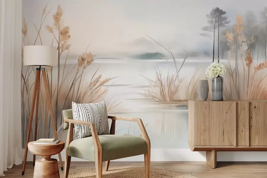 fotószőnyeg Tájkép tóval és magas fűvel az előtérben, hegyekkel a háttérben, lágy színekkel, textúrával w09534