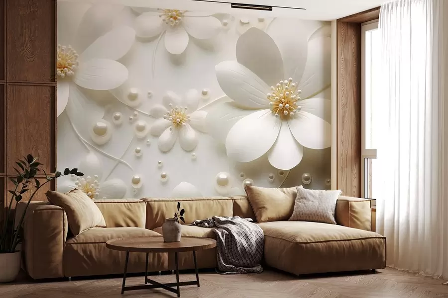 fotószőnyeg Fehér virágok gyöngyökkel fehér háttérrel, elegáns és minimalista dizájn, texturált w09535