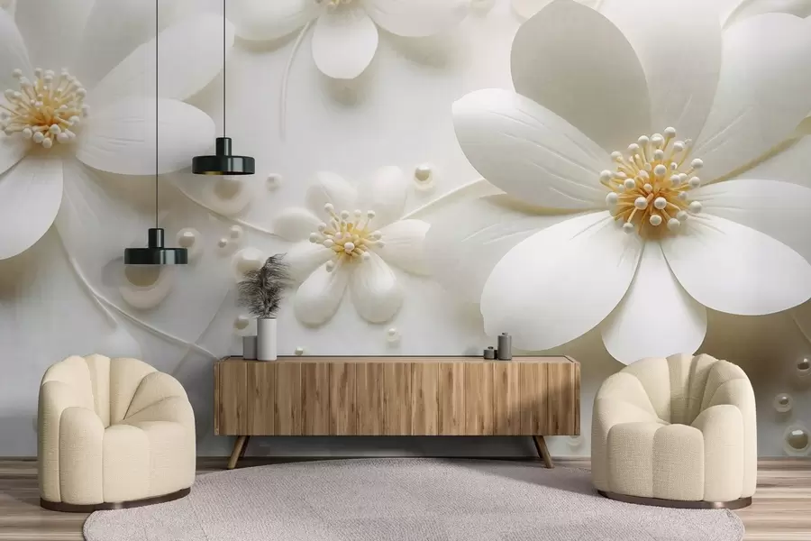 fotószőnyeg Fehér virágok gyöngyökkel fehér háttérrel, elegáns és minimalista dizájn, texturált w09535