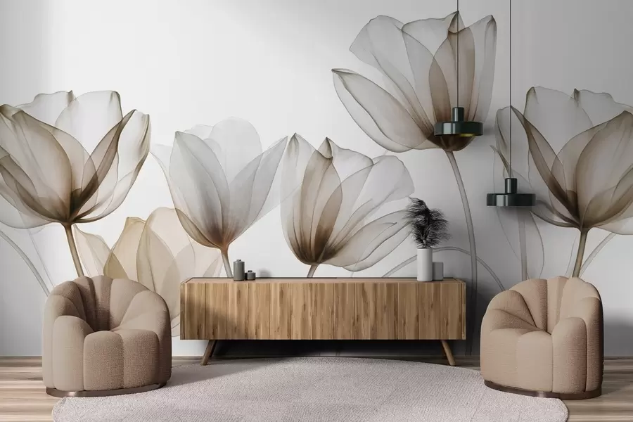 fotószőnyeg Átlátszó barna és fehér tulipánvirágok hosszú szárakkal, világos háttér előtt, finom és texturált virágművészet w09538v1