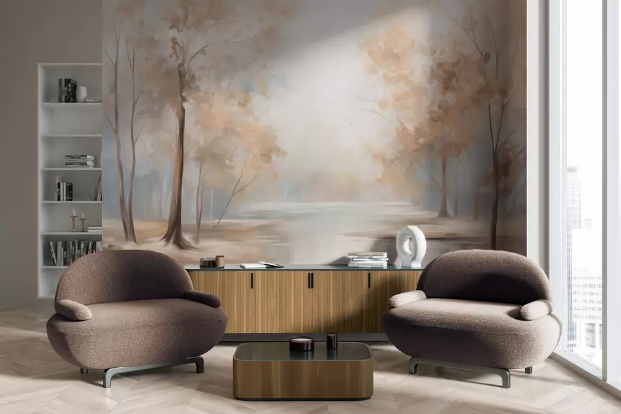 fotószőnyeg Őszi textúrájú táj fákkal és folyóval, lágy színekkel, könnyed és légies hangulattal, békés és nyugodt jelenettel w09541