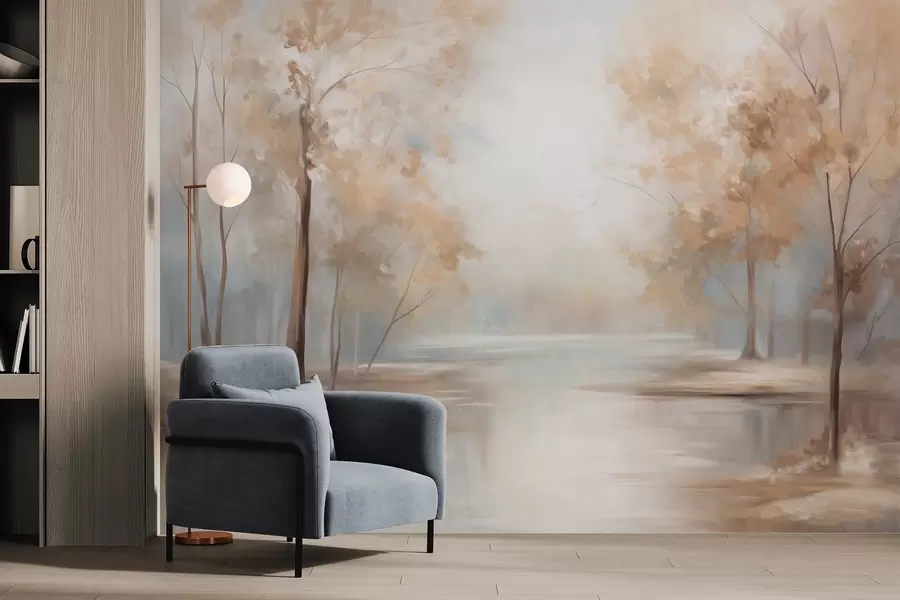 fotószőnyeg Őszi textúrájú táj fákkal és folyóval, lágy színekkel, könnyed és légies hangulattal, békés és nyugodt jelenettel w09541