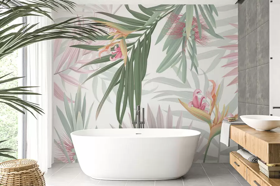 fotószőnyeg Strelitzia pálmalevelek között w04896v2