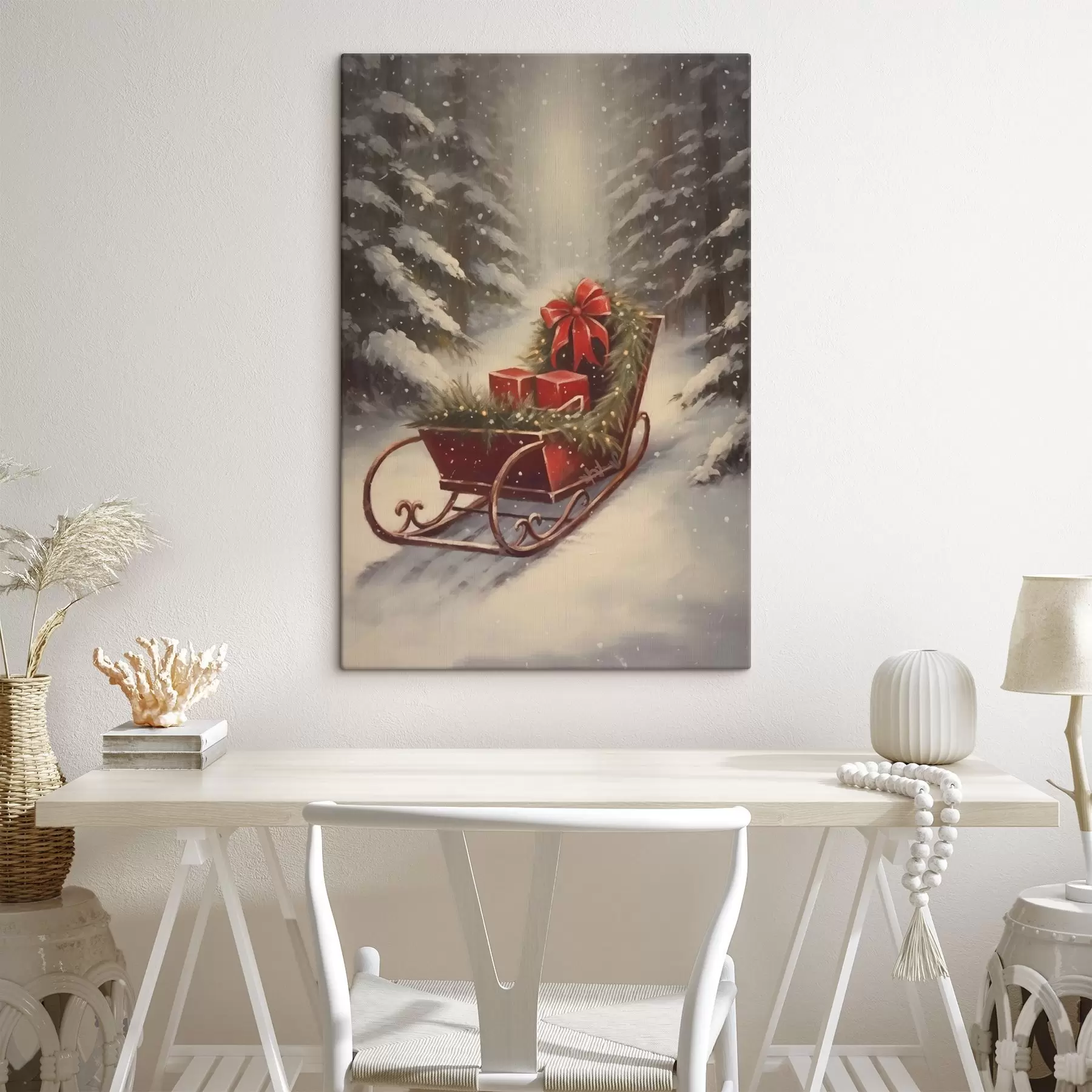 fotótapéta Karácsonyi szán ajándékokkal egy havas erdőben s46630