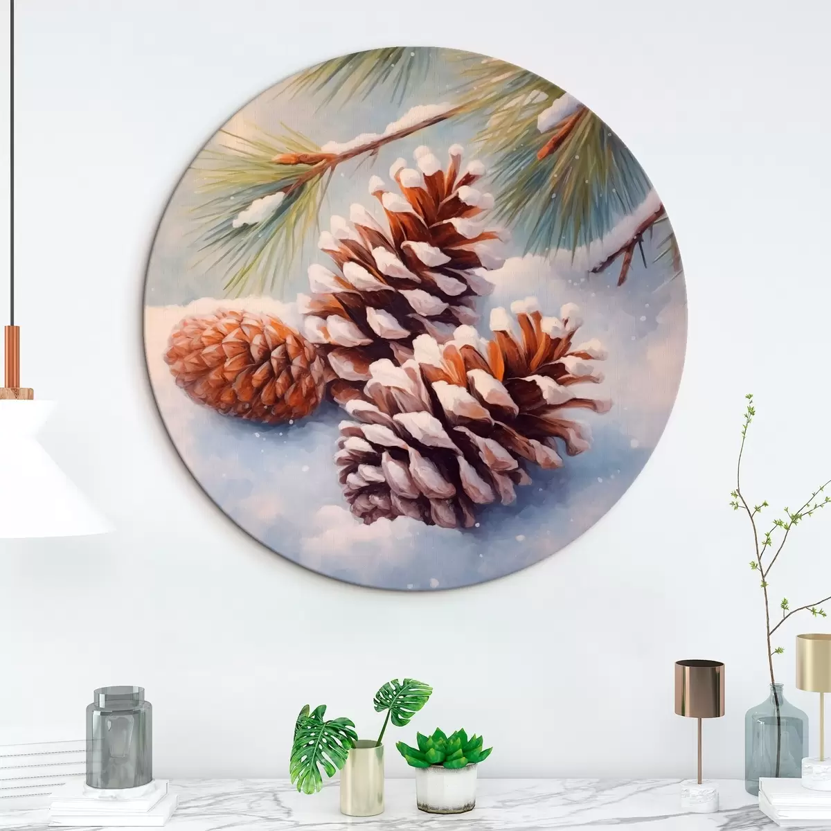 Kerek festmények Hóval borított fenyőtobozok és ágak r46631