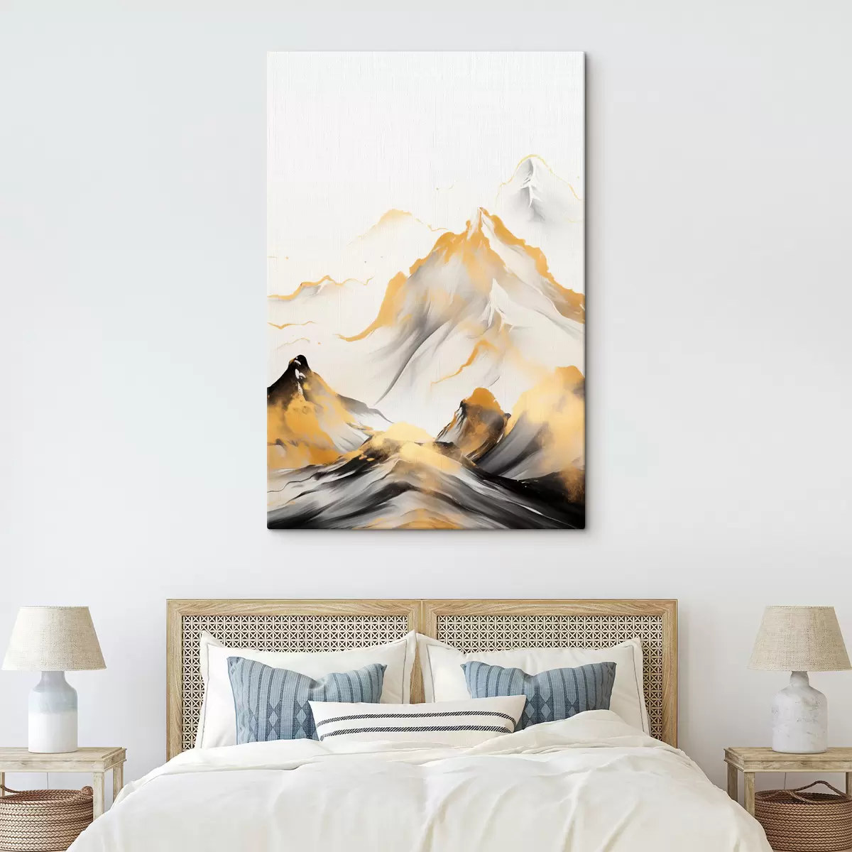 fotótapéta Texturált sárga és fekete hegyek havas csúcsokkal, tusfestés stílusban, minimalista hegylánc s46683