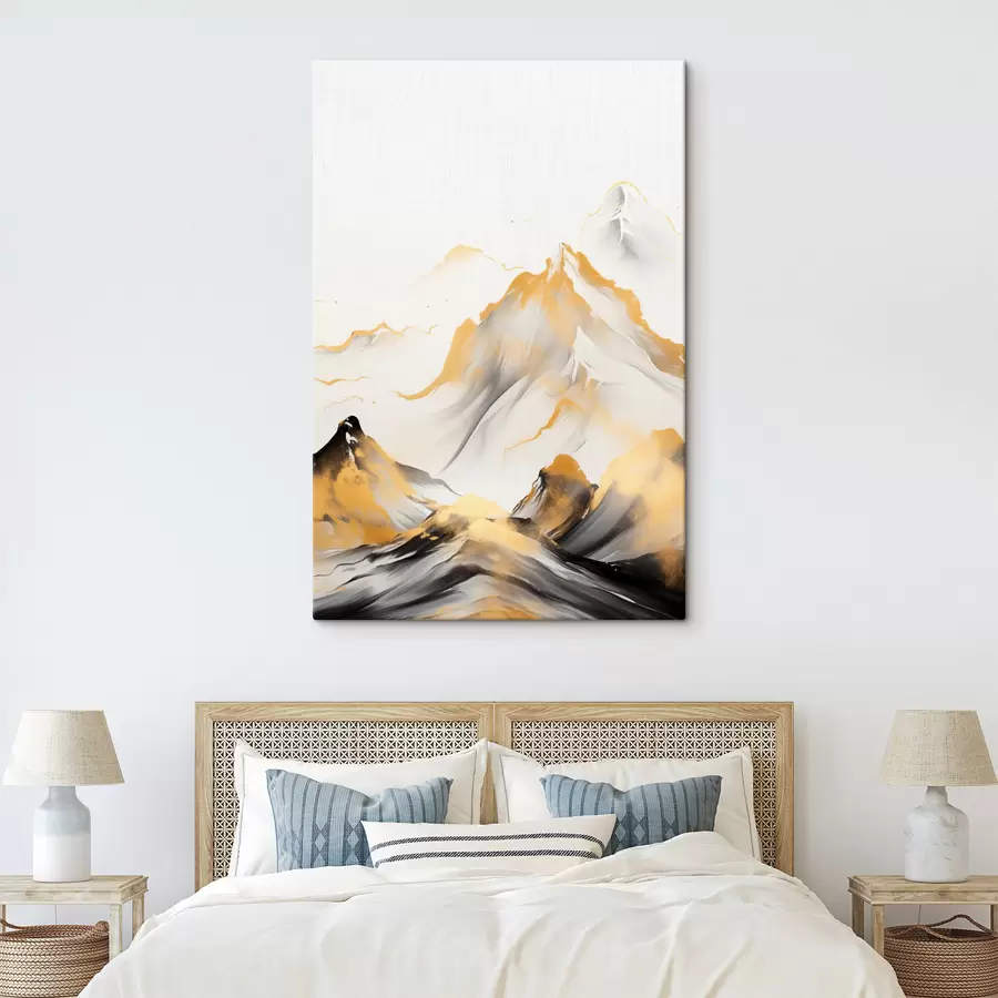 fotótapéta Texturált sárga és fekete hegyek havas csúcsokkal, tusfestés stílusban, minimalista hegylánc s46683