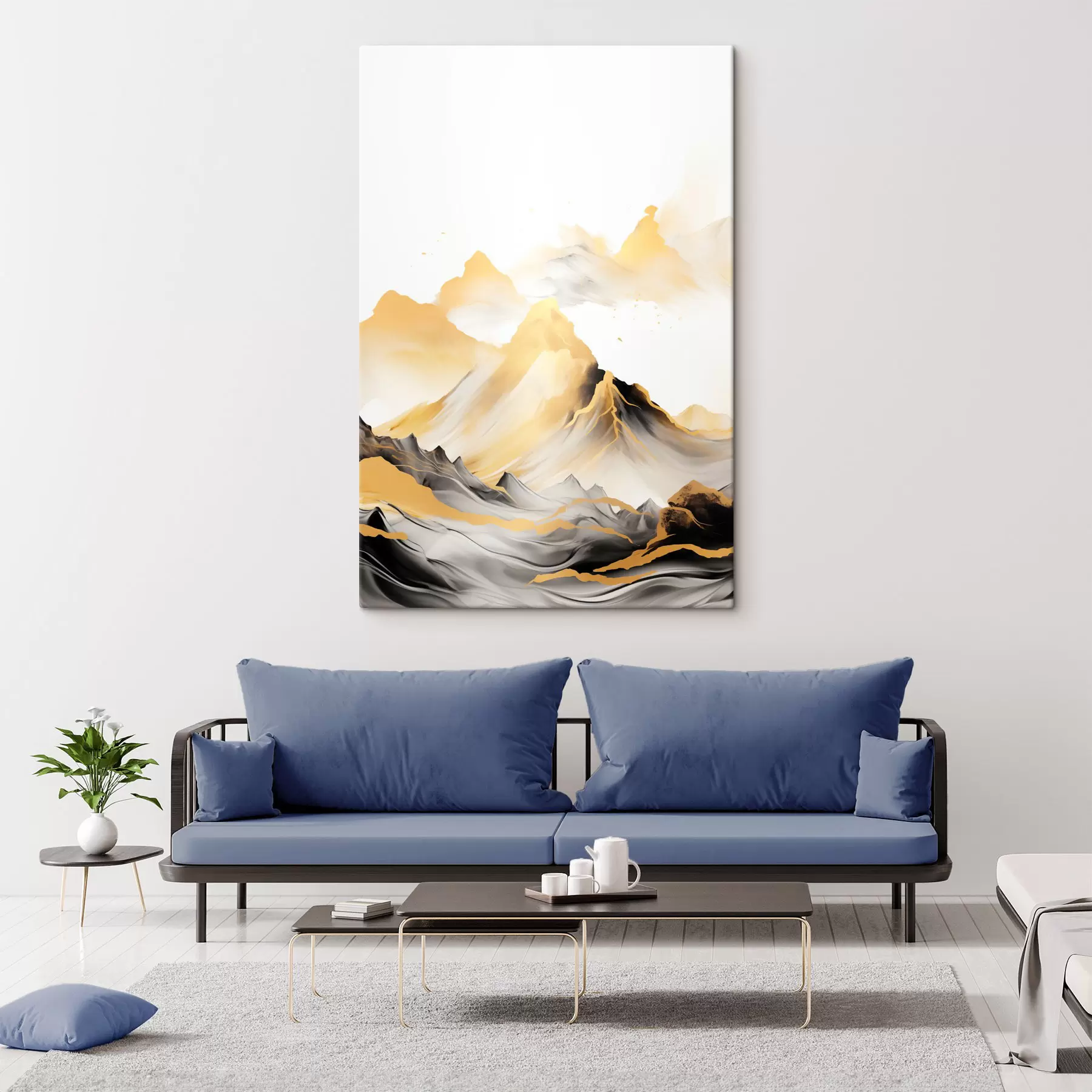 fotótapéta Texturált sárga és fekete hegyek havas csúcsokkal, tusfestés stílusban, minimalista hegylánc s46684