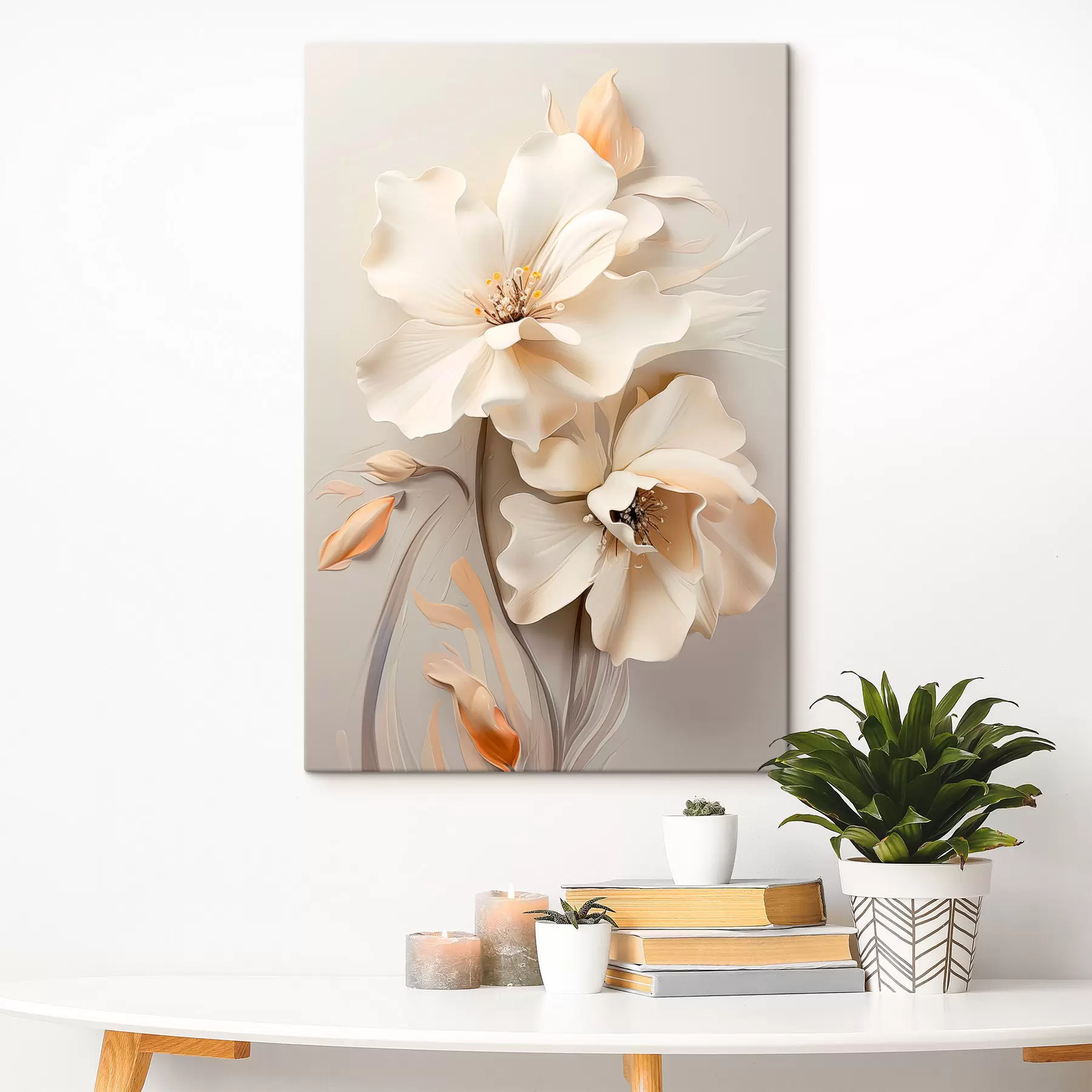 fotótapéta Fehér virágok, lágy árnyékú szirmok, világos bézs háttér, elegáns kompozíció, minimalista stílus s46700