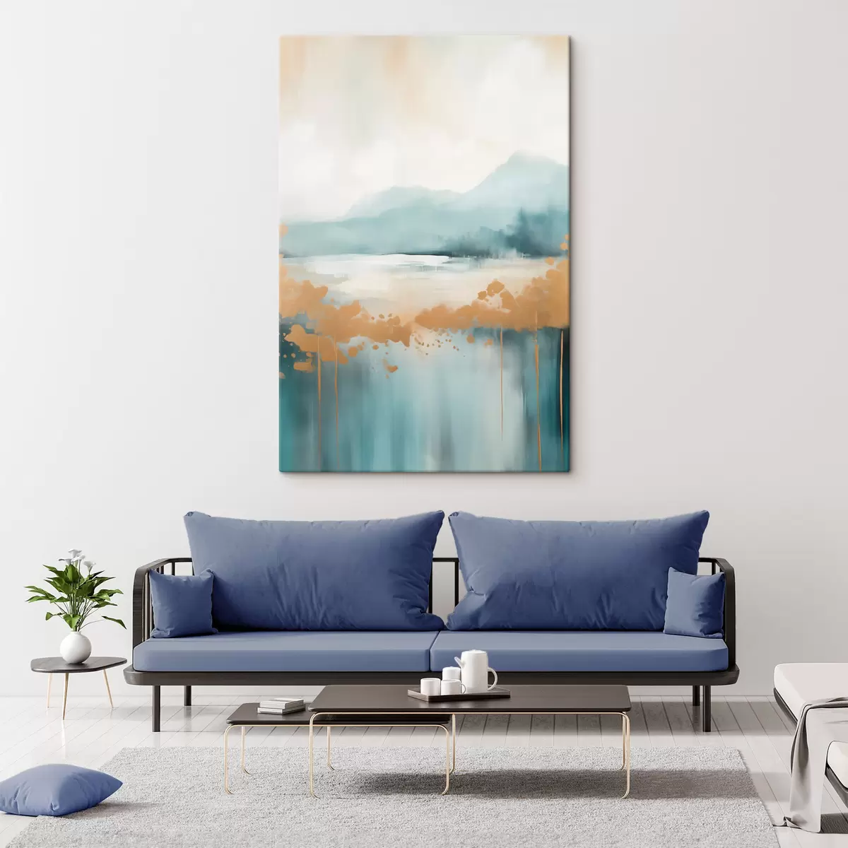 fotótapéta Absztrakt táj hegyekkel és tóval, türkizkék és texturált sárga színekkel, lágy ecsetvonásokkal, minimalista műalkotás s46703