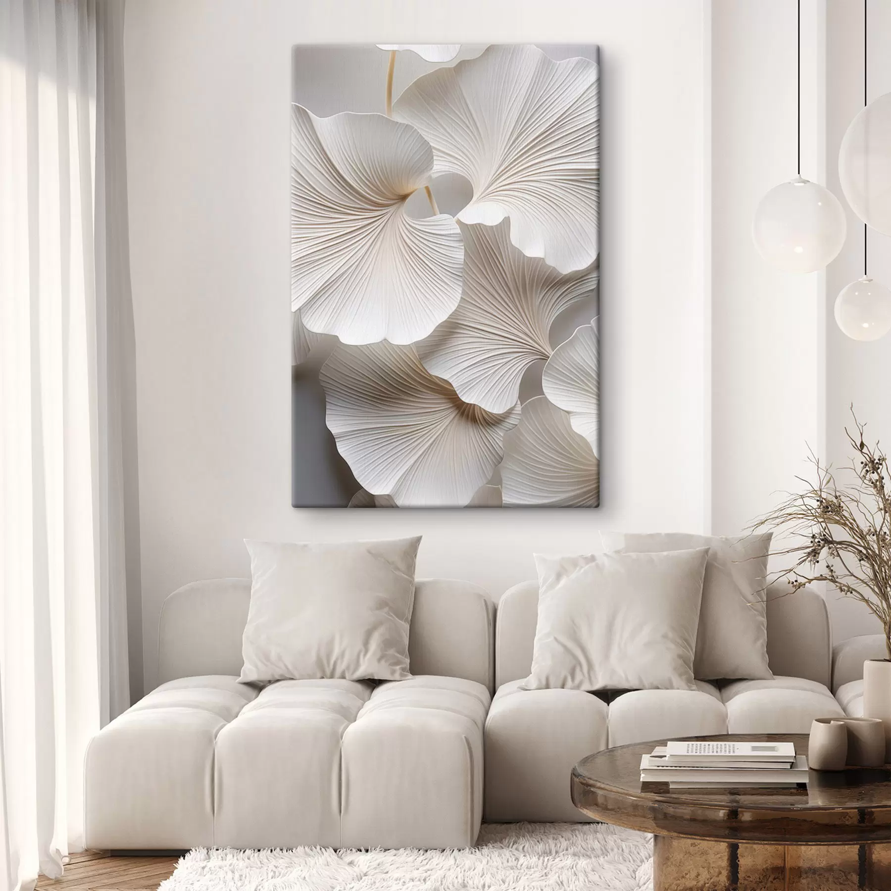 fotótapéta Fehér ginkgo biloba levelek részletes erekkel, lágy megvilágítással, texturált, elegáns és minimalista kialakítással s46705