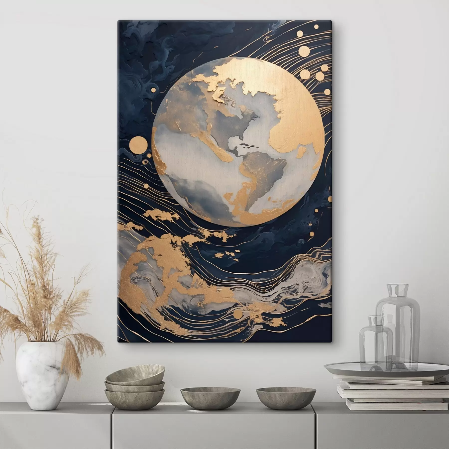 fotótapéta Texturált dekoratív bolygó sárga vonalakkal a háttérben, sárga pontokkal a háttérben, sötét háttérrel s46708