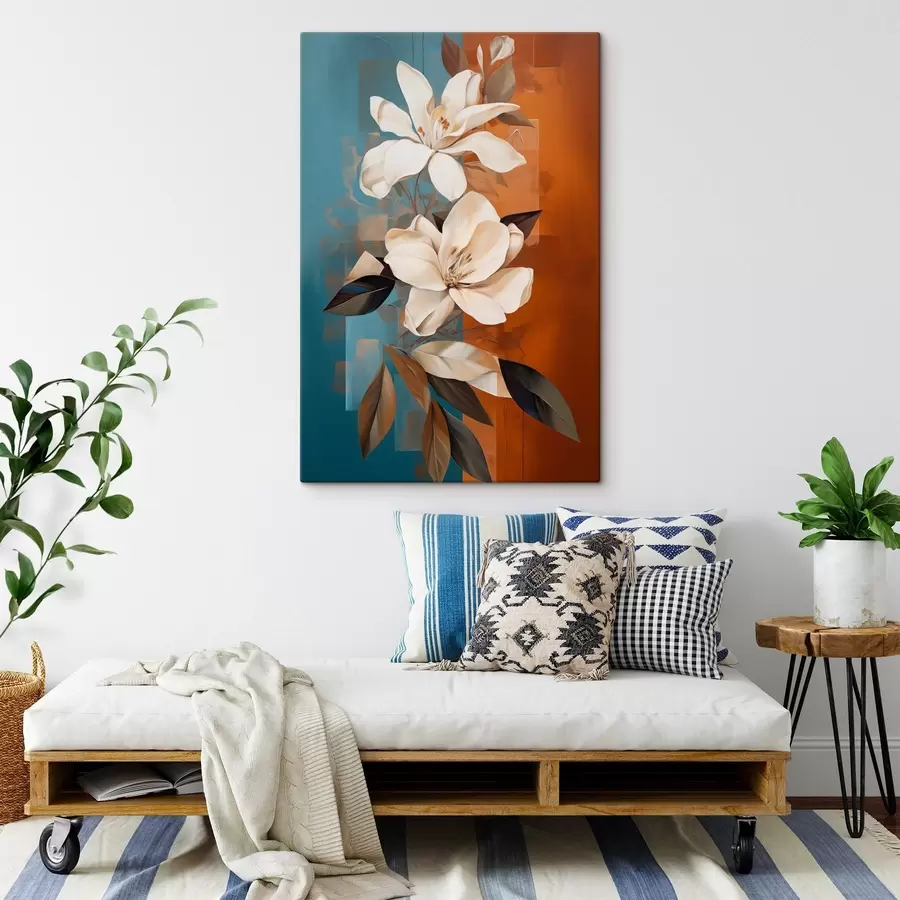 fotótapéta Absztrakt fehér virágok és levelek barna és kék háttérrel, absztrakt formákkal, minimalista stílusban. s46710