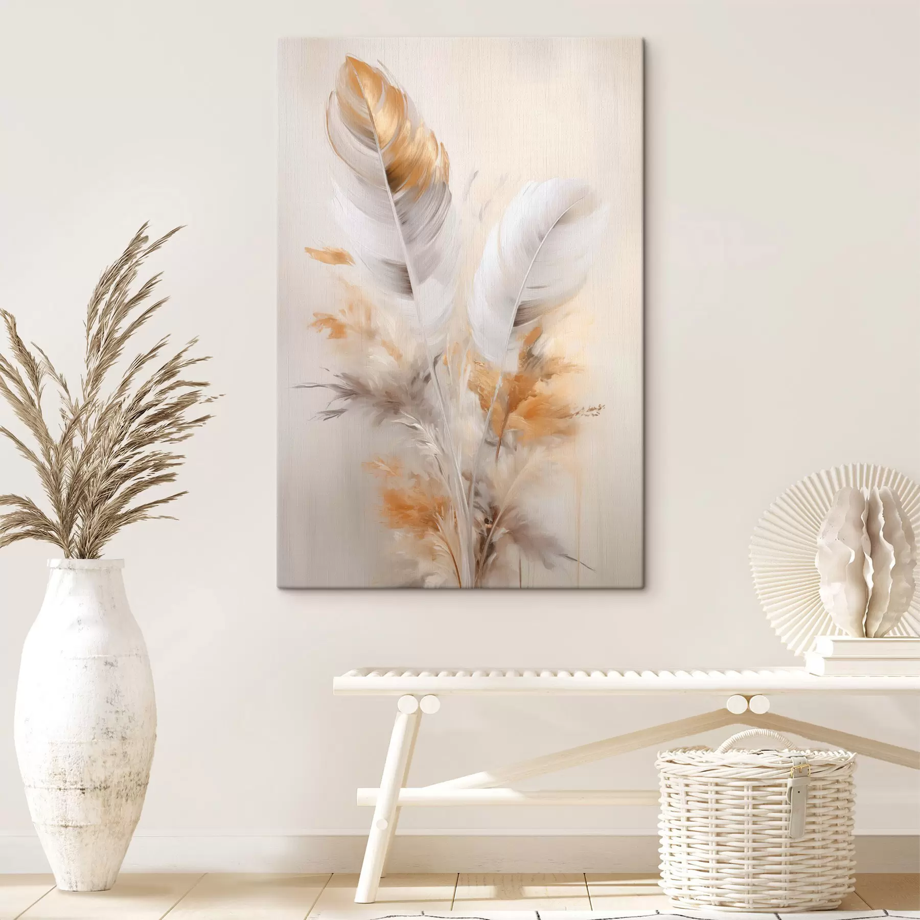 fotótapéta Absztrakt tollak, bézs és barna tollakkal körülvéve, puha és finom, világos bézs háttérrel s46711